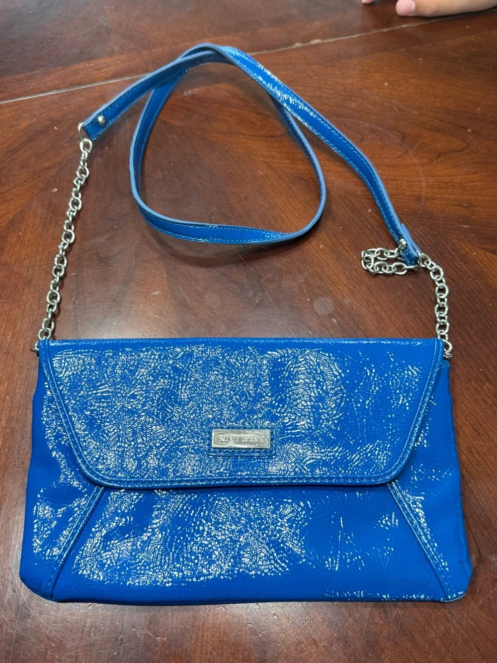 Nine West Patent Blue Crossbody Clutch with Chain Strap